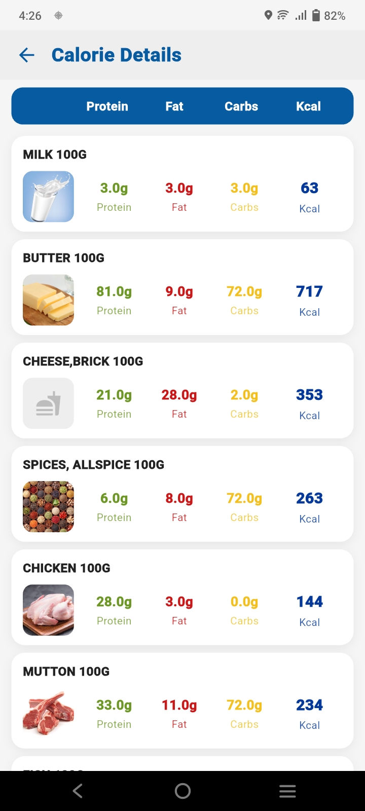 Gell+ app calorie details screen listing protein, fat, carbs and calories per 100g for various foods