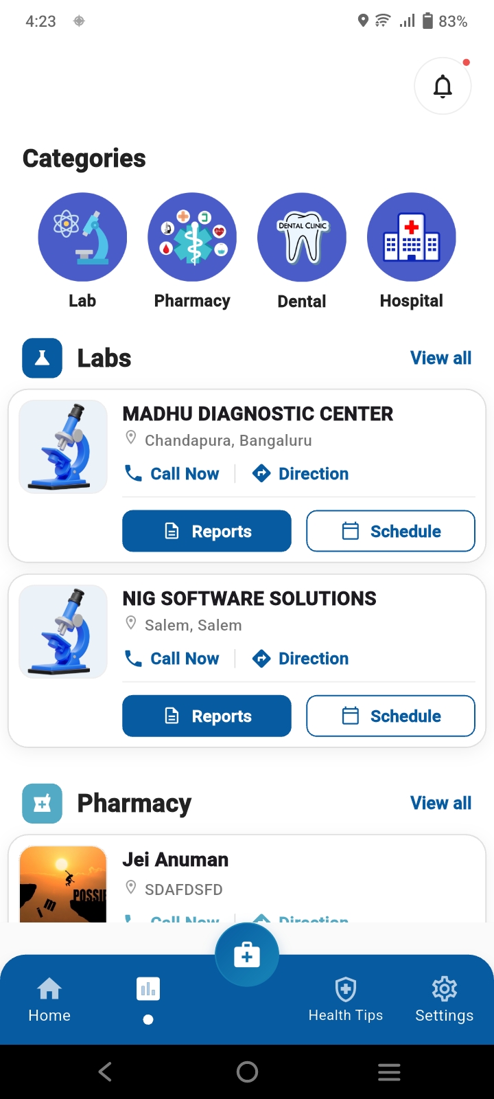 Gell+ app screen showing Lab, Pharmacy, Dental and Hospital categories with registered provider listings