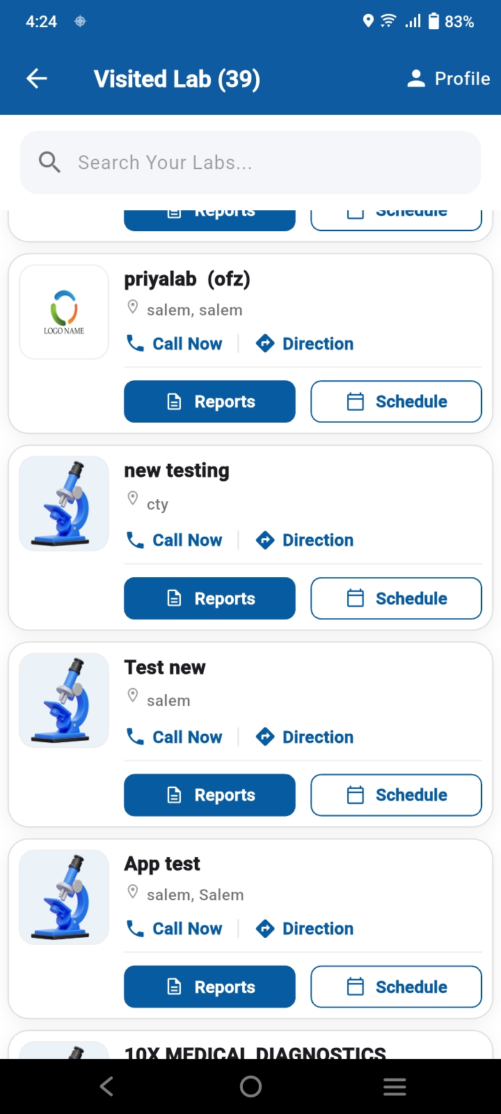 Gell+ app screen showing a searchable history of visited labs with reports and scheduling options